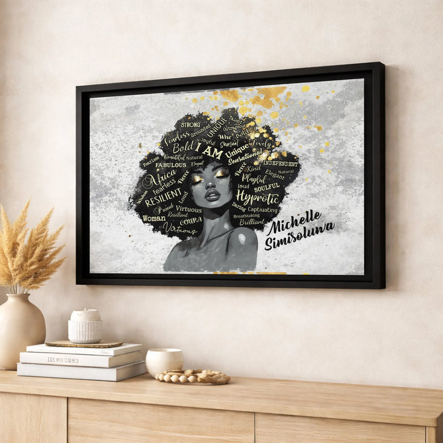 Black Woman Afro Art Canvas | Inspirational Quote Wall Decor | Premium 1.25-Inch Gallery Wrap | Empowering African American Gift for Her