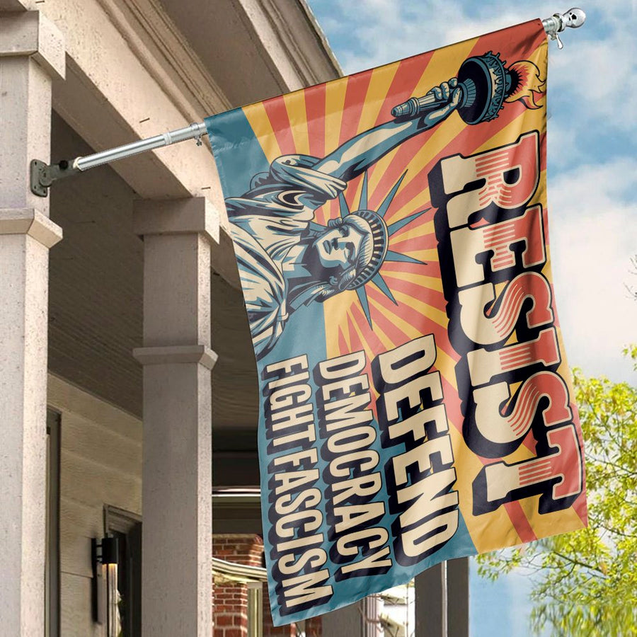Resist Defend Democracy Flag | Statue Of Liberty Vintage Protest Art | Premium Weather-Resistant Polyester | Home Decor House Banner