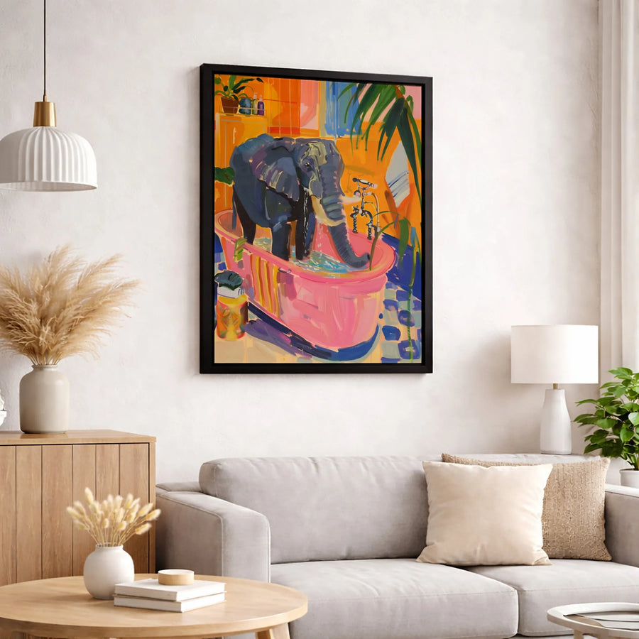 Elephant In Bathtub Canvas Wall Art | Colorful Expressionist Animal Print | 1.25-Inch Gallery Wrap | Whimsical Home Decor Gift