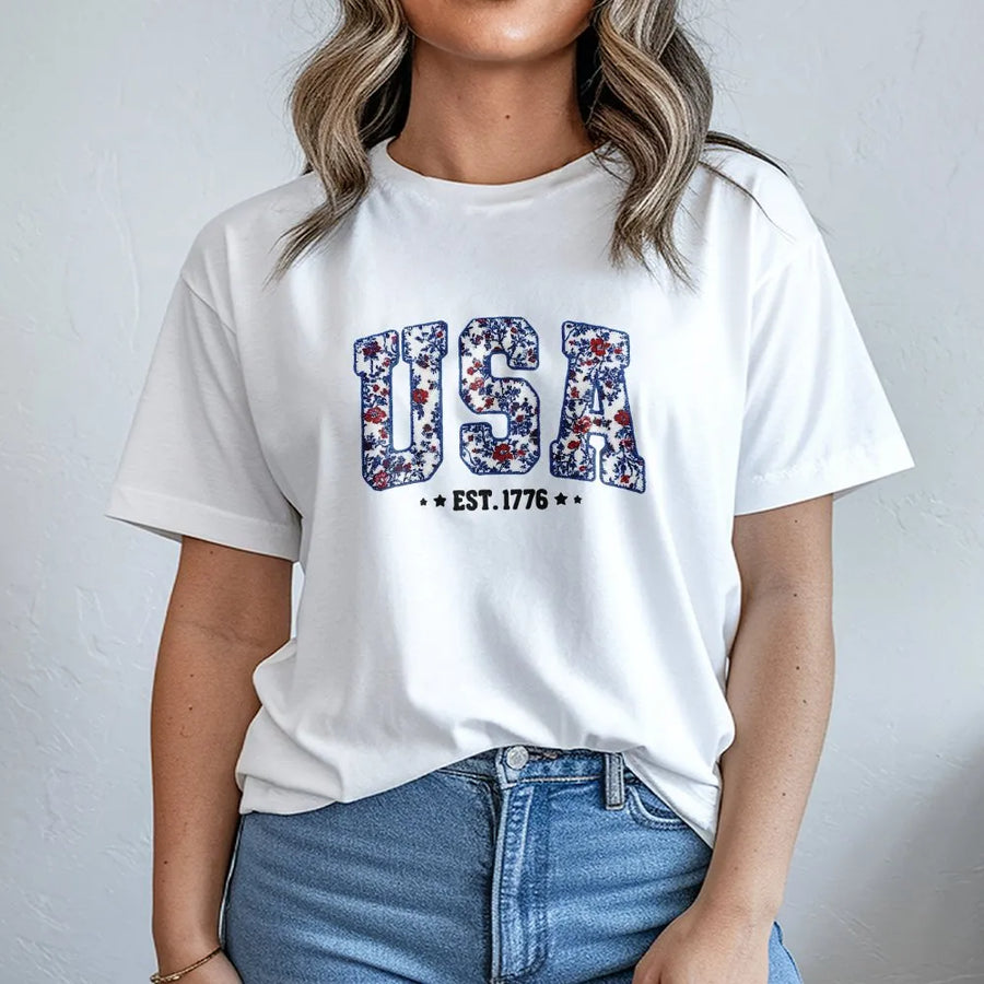 Patriotic USA Floral Shirt | Vintage Faux Patchwork Design | Comfort Colors EST 1776 Tee | Fourth of July Gift for Her