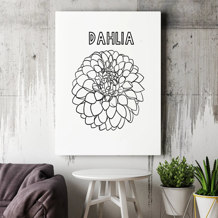 Dahlia Flower Canvas Print | Minimalist Black and White Botanical Sketch | Premium Gallery Wrap Wall Art | Modern Farmhouse Living Room Decor Gift