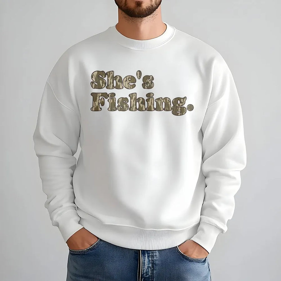 She's Fishing Sweatshirt | Camo Print Retro Font | Premium Cotton Blend | Gift for Women Anglers and Outdoorsy Fishermen