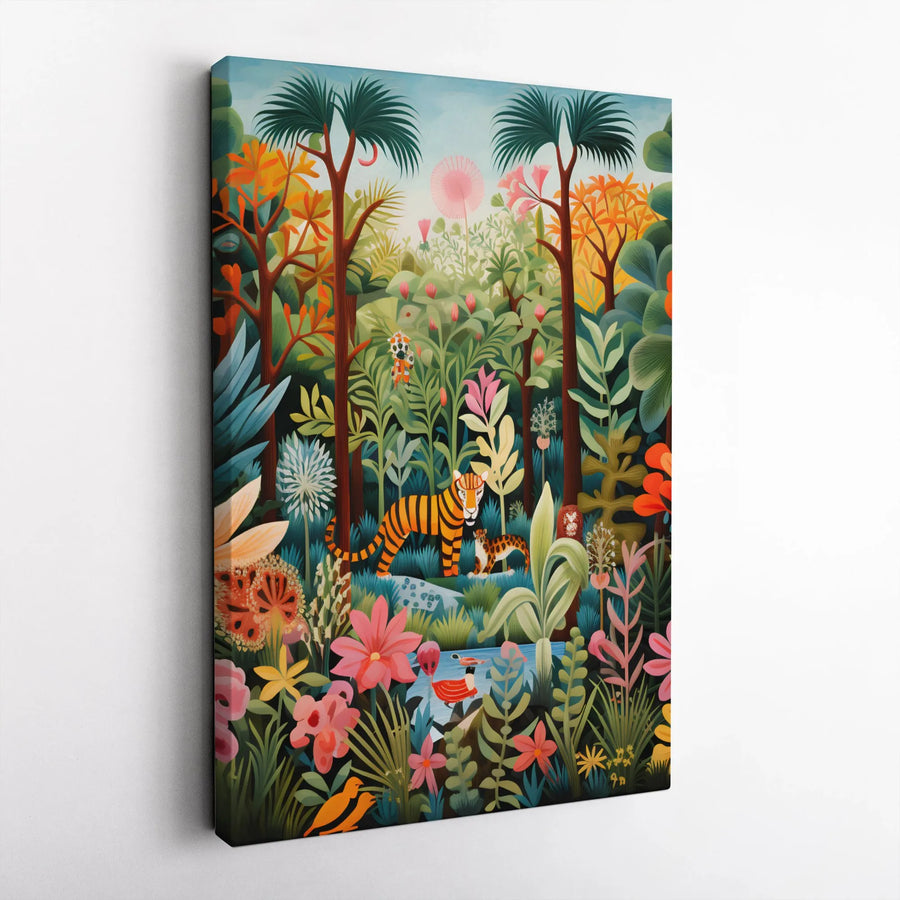 Jungle Tiger Canvas Print | Vibrant Tropical Botanical Wall Art | 1.25" Premium Gallery Wrap | Modern Home Decor Gift for Animal Lovers