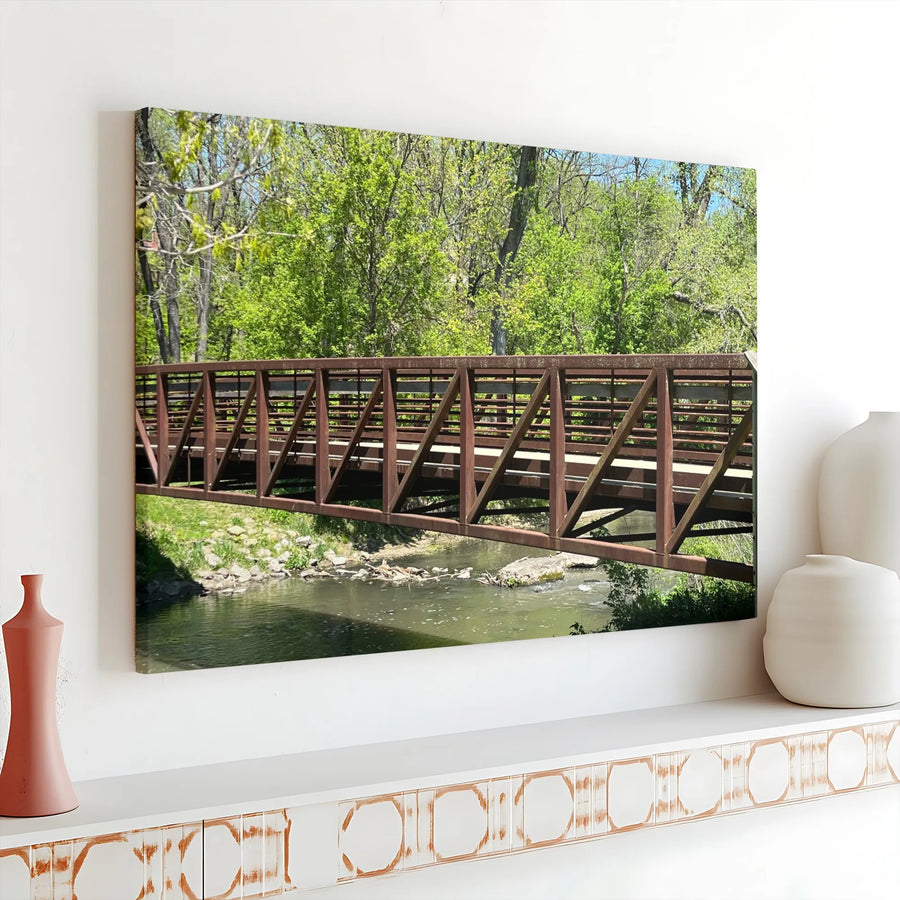 Truss Bridge Canvas Wall Art | Spring Forest Creek Photography | Premium Stretched Canvas | Rustic Farmhouse Decor Gift for Nature Lovers