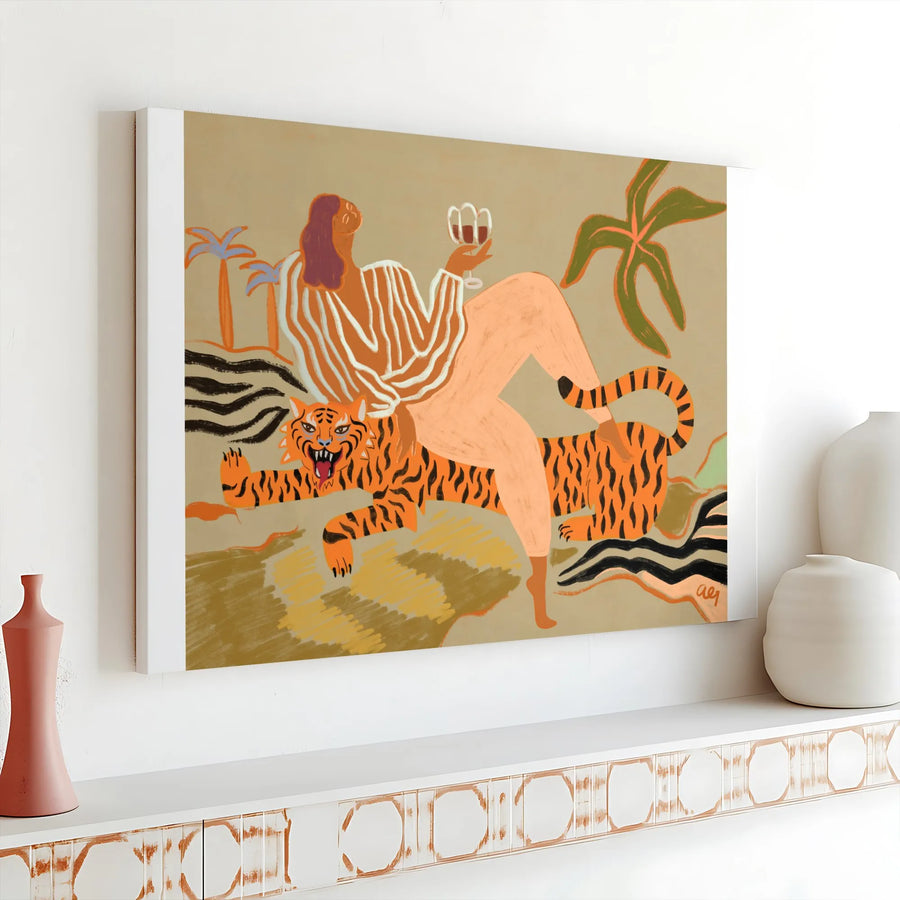 Woman Riding Tiger Wall Art | Abstract Bohemian Jungle Illustration | Premium Gallery Wrapped Canvas | Gift for Her Eclectic Home Decor