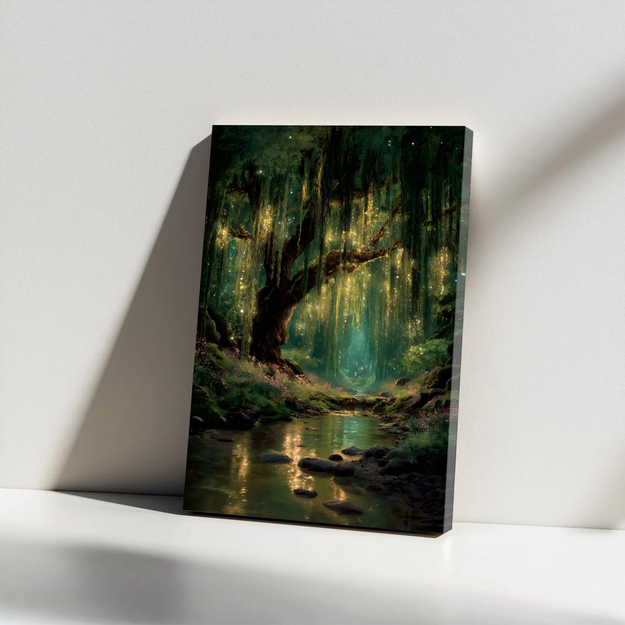 Enchanted Forest Canvas Wall Art | Glowing Weeping Willow Landscape Print | 1.25” Gallery Wrap Premium Decor | Nature Lover Living Room Gift