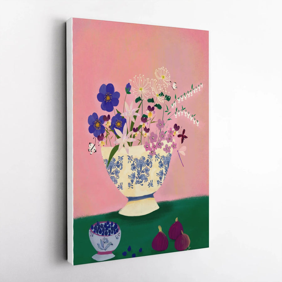 Delft Wildflower Vase Canvas Print | Vibrant Pink Botanical Still Life | Premium Gallery Quality Art | Modern Kitchen Wall Decor Gift