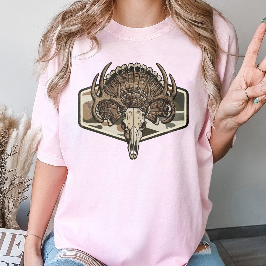 Hunting T-Shirt | Deer Skull and Turkey Fan Camo Graphic | Premium Soft Cotton Unisex Tee | Rustic Outdoor Hunter Gift for Men and Women