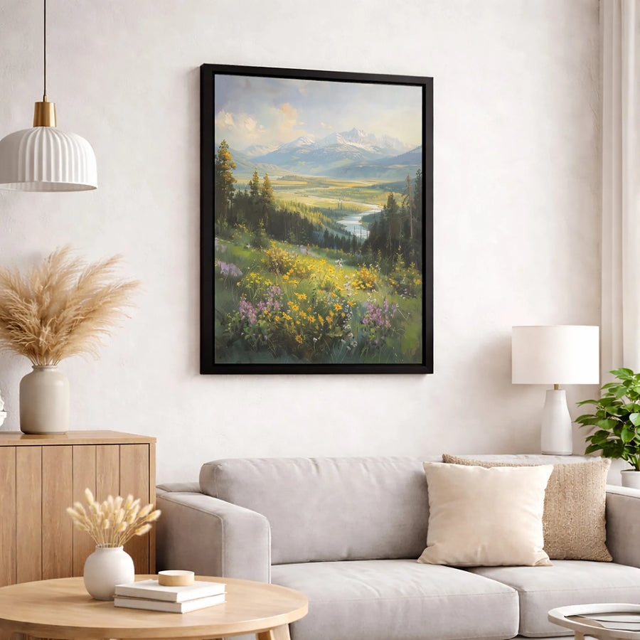 Mountain Valley Landscape Canvas Wall Art | River And Wildflower Meadow Print | Gallery-Quality 1.25 Inch Profile | Nature Lover Home Decor Gift
