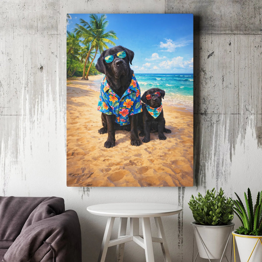 Funny Black Lab Canvas Print | Dog and Puppy in Hawaiian Shirts | Premium Gallery Wrapped Canvas | Gift for Labrador Owner, Beach House Decor
