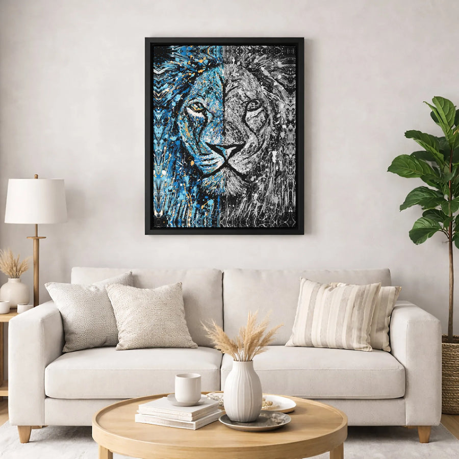 Abstract Lion Canvas Wall Art | Blue and Black Splatter Paint Design | Premium Gallery-Wrapped Print | Modern Home Decor Gift