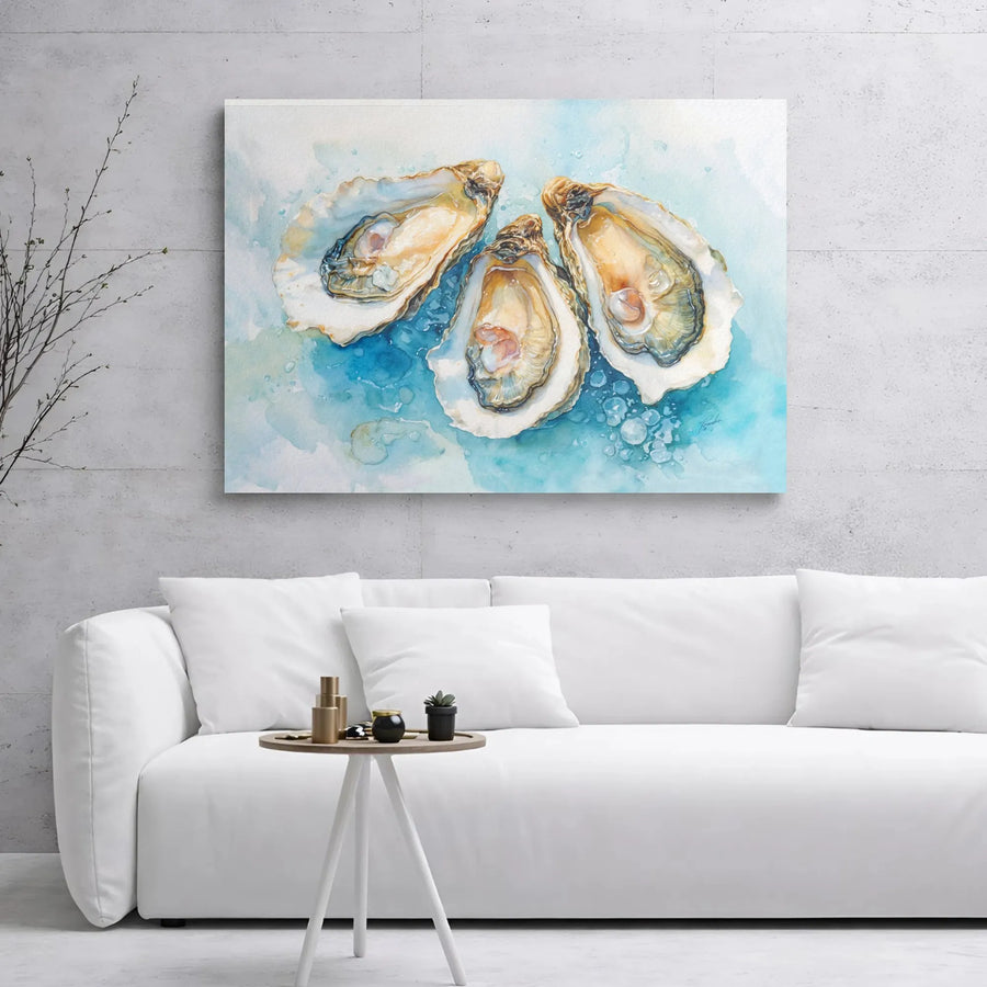 Oyster Watercolor Canvas Art | Coastal Beach Wall Decor | Premium Gallery Wrap Print | Sea Life Gift for Home Kitchen & Dining Room