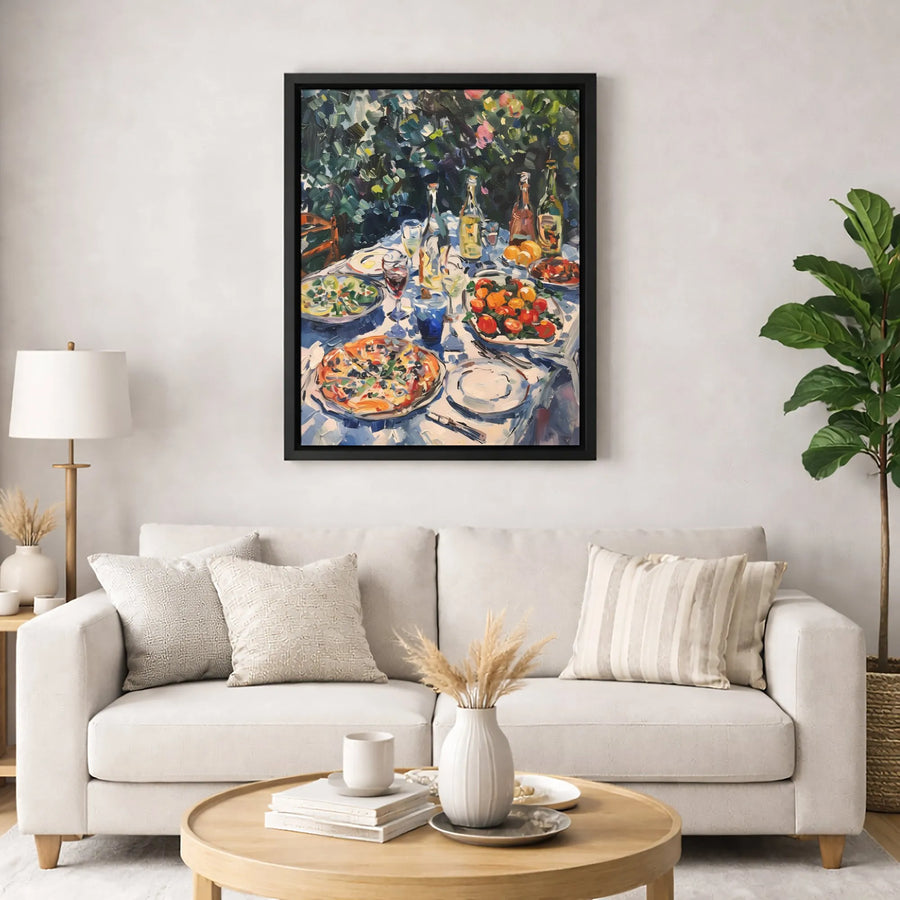 Italian Lunch Canvas Wall Art | Impressionist Pizza and Wine Painting | Premium Gallery Wrap Print | Kitchen and Dining Room Decor