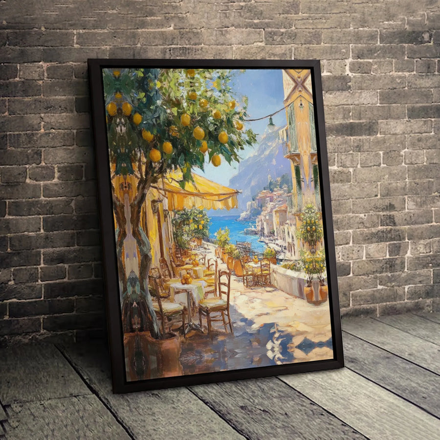 Italian Coastal Cafe Canvas Art | Amalfi Coast Lemon Tree Oil Painting Style | Premium 1.25-Inch Gallery Wrap | Mediterranean Home Decor Gift