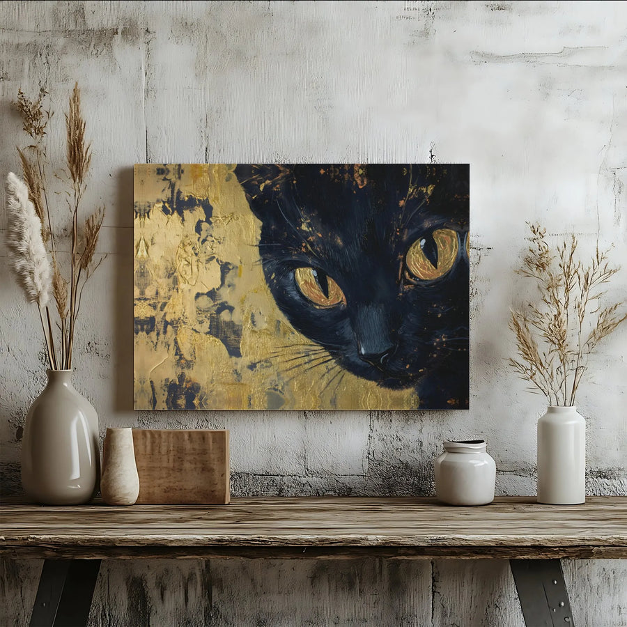 Black Cat Wall Art | Abstract Gold Leaf Canvas Print | Premium Gallery Wrapped Decor | Modern Cat Lover Gift for Home Office