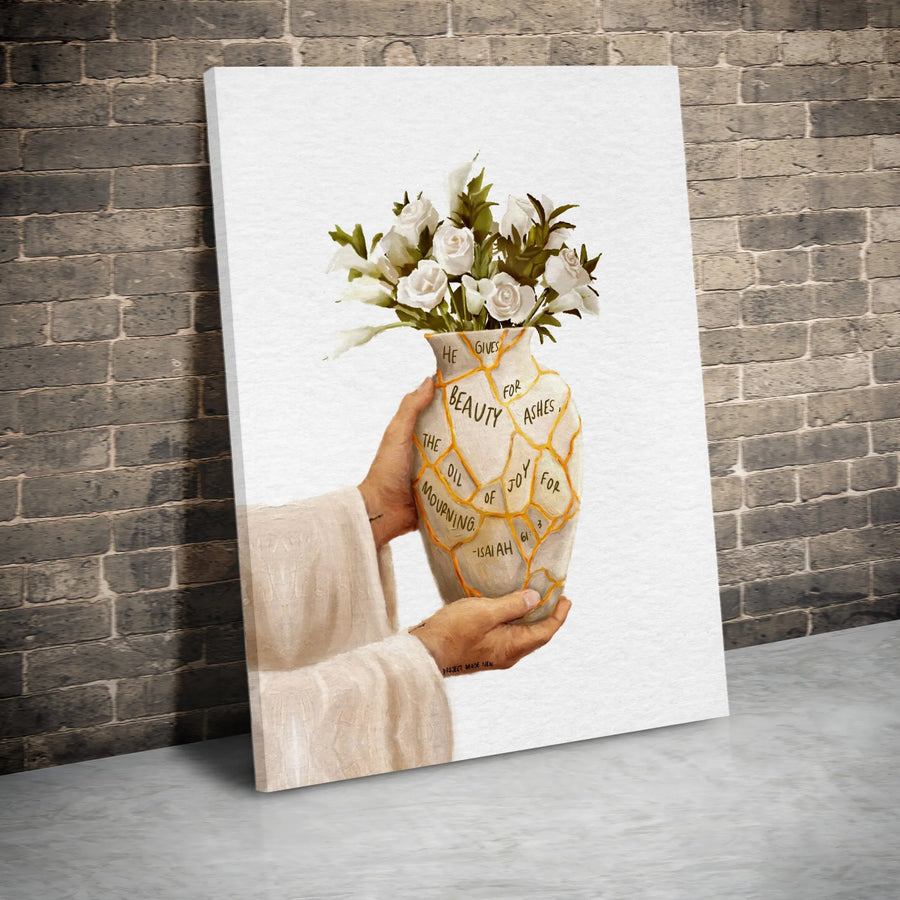 Isaiah 61 Christian Canvas Print | Beauty For Ashes Kintsugi Vase Art | Premium Gallery Wrapped Wall Decor | Inspirational Scripture Gift