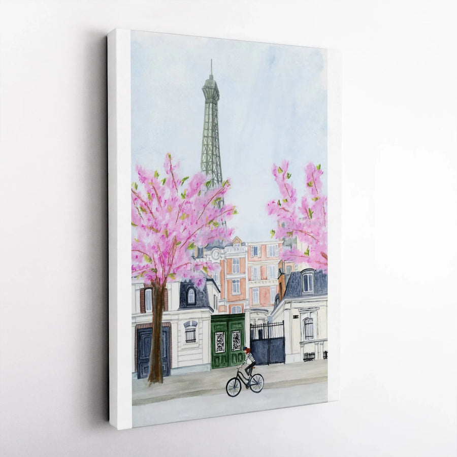 Paris Eiffel Tower Canvas Wall Art | Watercolor Cherry Blossom Scene | Premium Gallery Wrapped Print | Romantic French Country Decor Gift