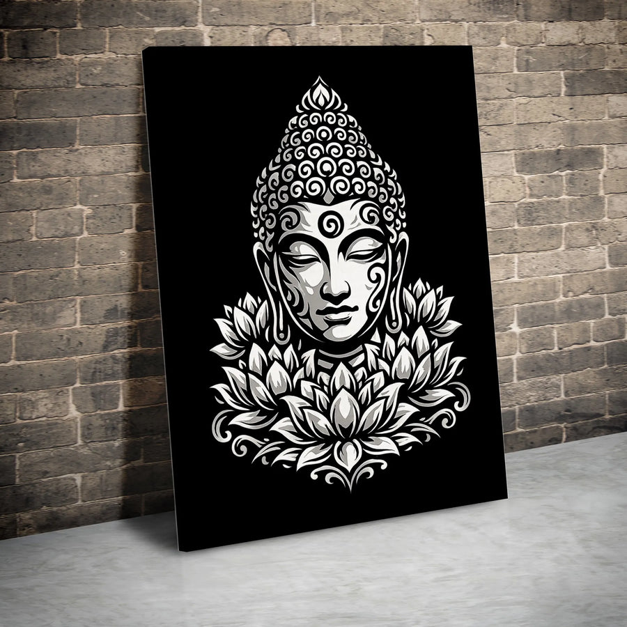 Buddha Canvas Wall Art | Black and White Lotus Illustration | Premium 1.25" Thick Gallery Wrapped Canvas | Spiritual Gift for Meditation Room