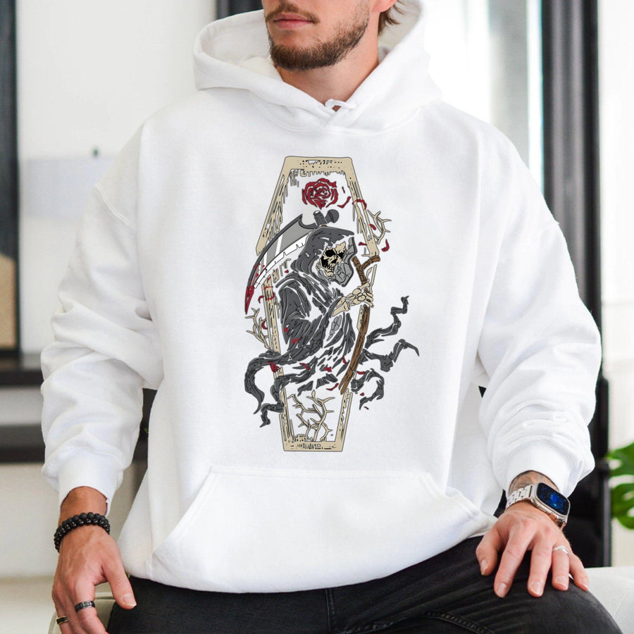 Grim Reaper Hoodie | Gothic Coffin Graphic Pullover | Premium Cotton Blend | Dark Aesthetic Gift for Goth and Occult Enthusiasts