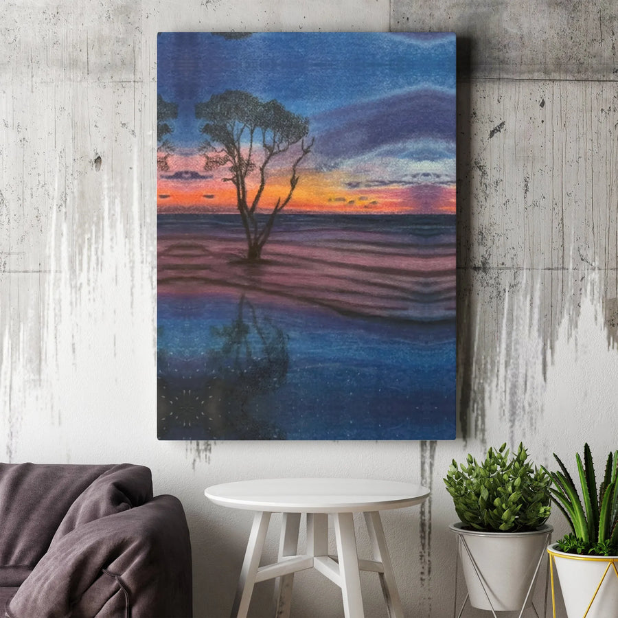 Lone Tree Sunset Canvas Print | Tranquil Water Reflection Wall Art | Premium Gallery Wrapped Decor | Serene Nature Landscape for Home or Office