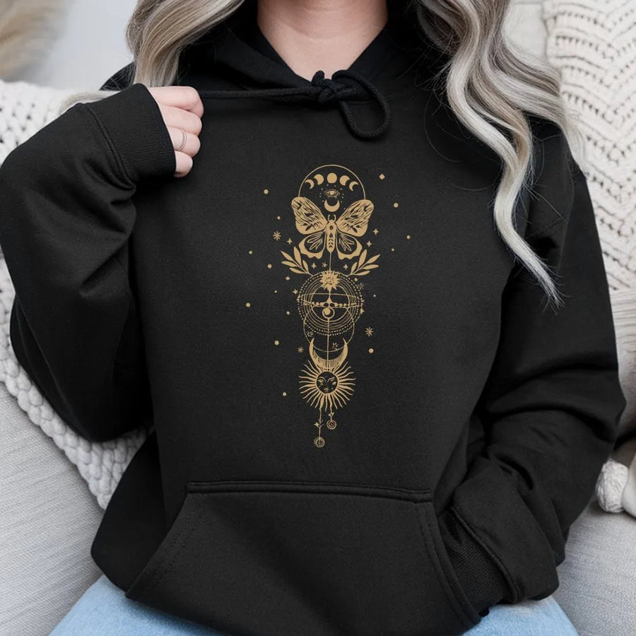 Celestial Moth Hoodie | Vintage Sun Moon and Eye Graphic | Premium Soft Cotton | Boho Astrology Gift for Women