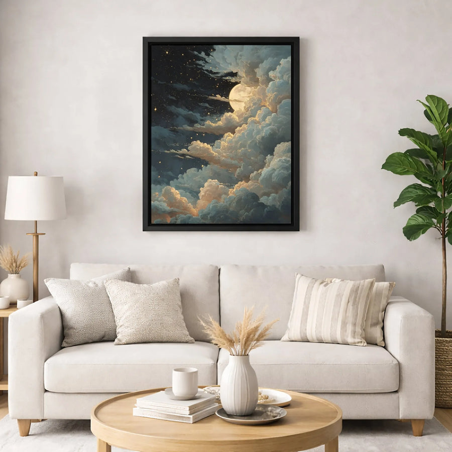 Full Moon Night Sky Canvas Wall Art | Celestial Cloud Painting | Premium 1.25" Gallery Wrap | Dreamy Bedroom Decor Gift