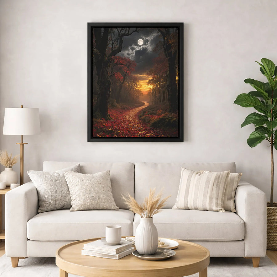 Enchanted Forest Canvas Wall Art | Autumn Moonlit Path Landscape | Premium Fade-Resistant Gallery Wrap | Moody Home Decor for Nature Lovers
