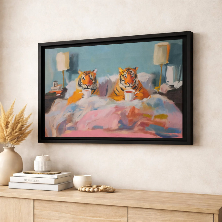 Tiger Canvas Wall Art | Whimsical Tigers Drinking Coffee In Bed Painting | Premium Gallery Wrap Decor | Unique Animal Lover Gift Idea