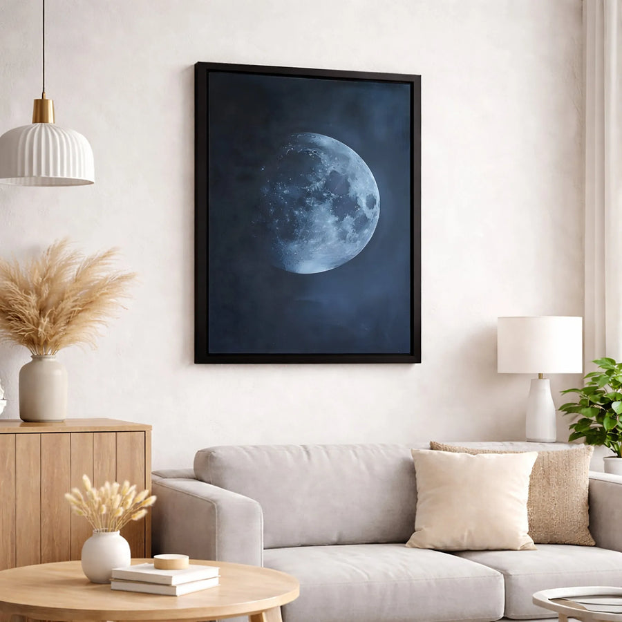 Full Moon Wall Art Canvas | Atmospheric Deep Blue Night Sky Decor | Premium Fade-Resistant Print | Celestial Home & Office Gift