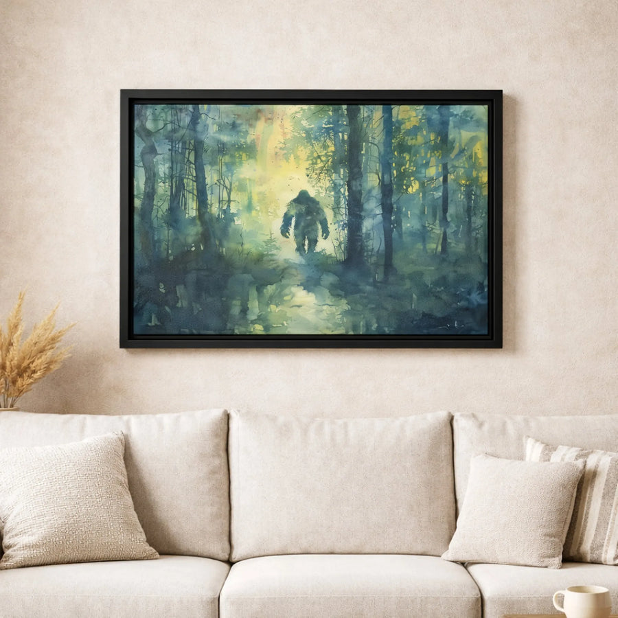 Bigfoot Wall Art Canvas | Misty Forest Watercolor Print | Premium Gallery Wrapped Decor | Unique Cryptid Gift for Nature Lovers