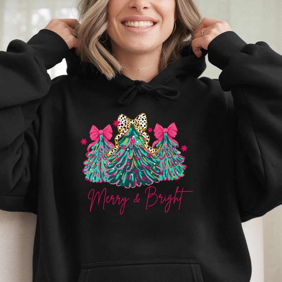 Merry & Bright Christmas Hoodie | Aesthetic Pastel Holiday Tree Graphic | Cotton-Poly Blend Sweatshirt | Cozy Seasonal Gift for Women