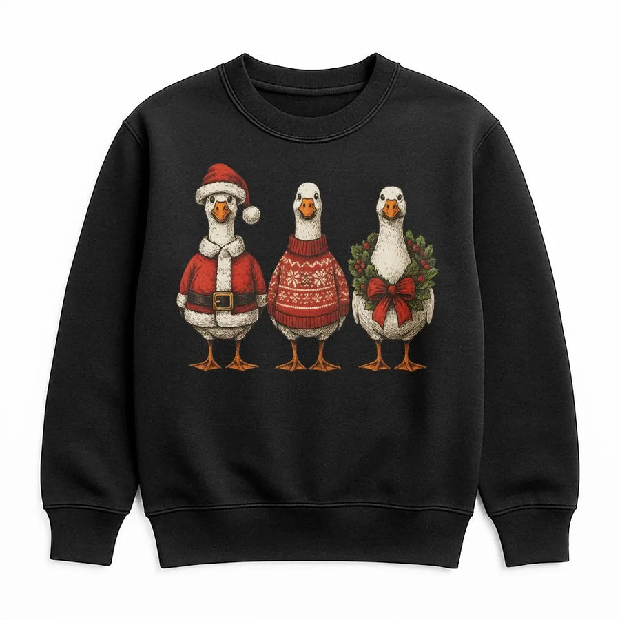 Christmas Goose Sweatshirt | Funny Santa Hat Holiday Trio Design | Premium Cotton Blend Unisex Crewneck | Cute Winter Apparel Gift For Animal Lovers
