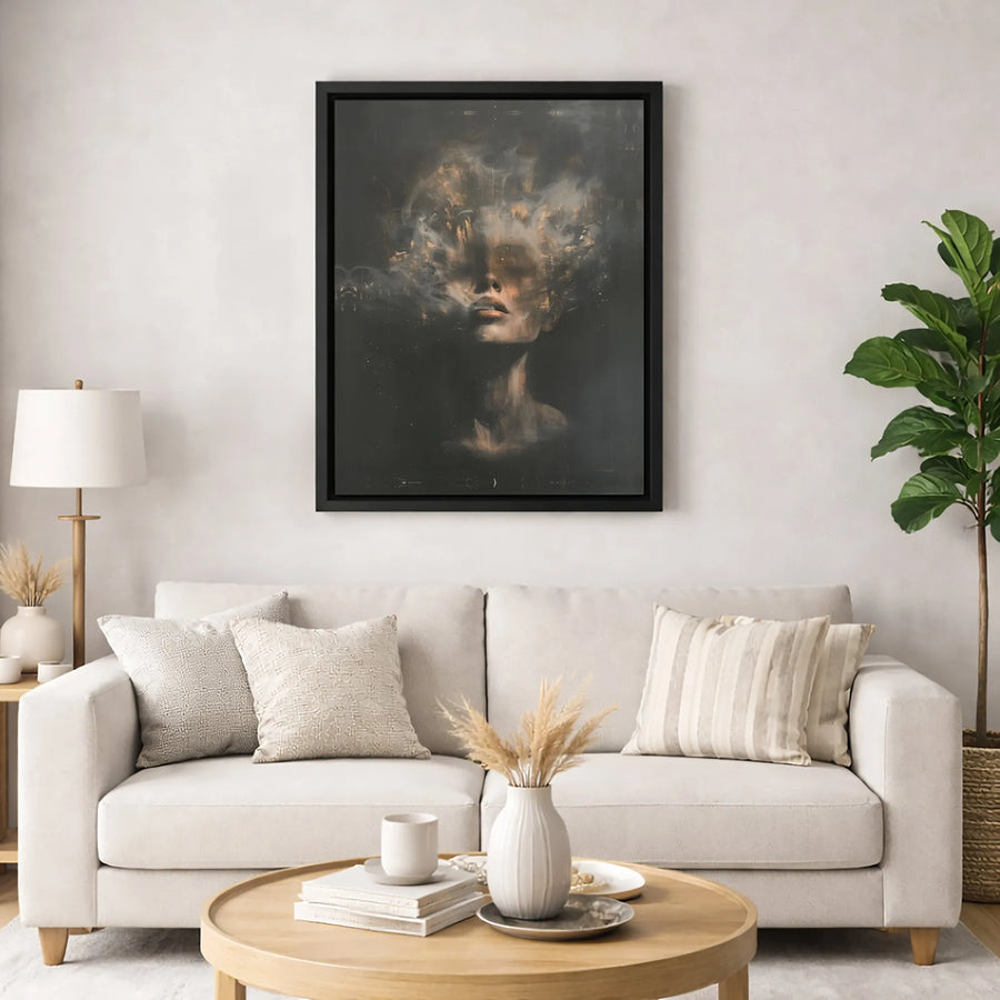 Abstract Woman Canvas Wall Art | Golden Smoke Portrait Print | Premium Gallery Wrapped 1.25 Inch Profile | Modern Home & Office Decor Gift