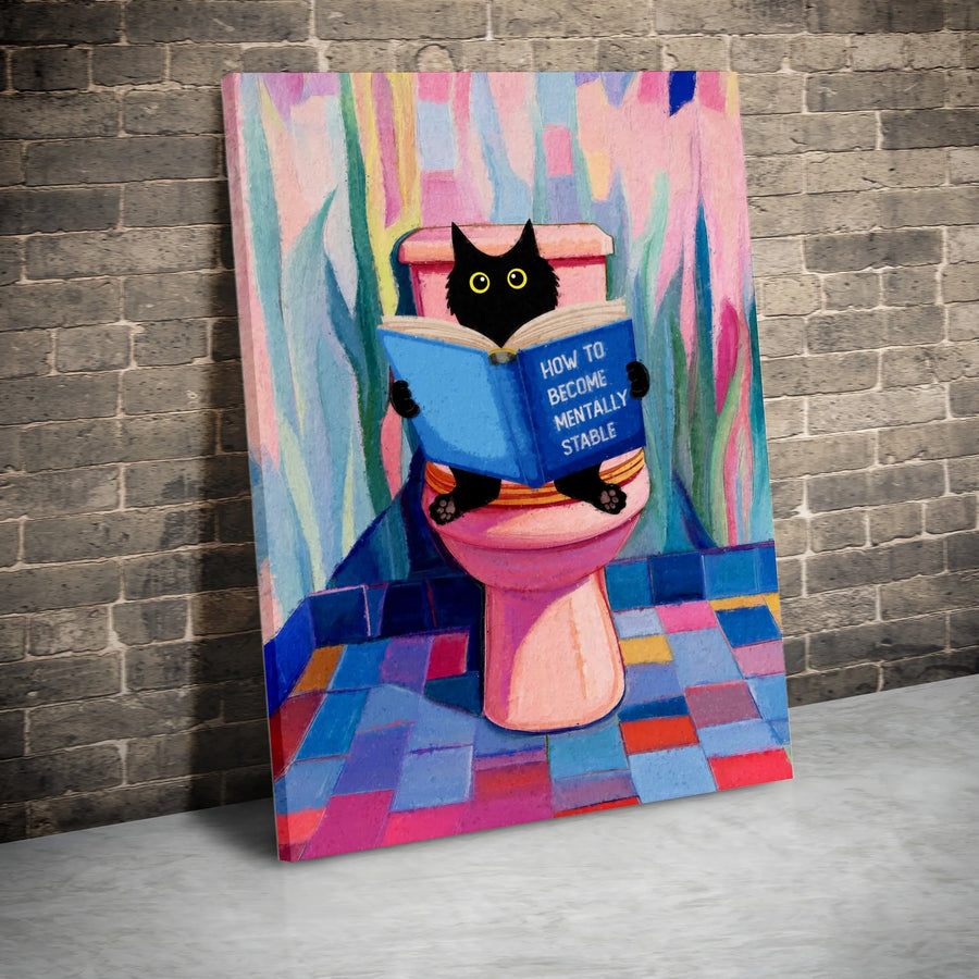 Funny Black Cat Reading Book Wall Art | How To Become Mentally Stable Print | Premium Gallery Wrapped Canvas | Quirky Bathroom Decor Gift