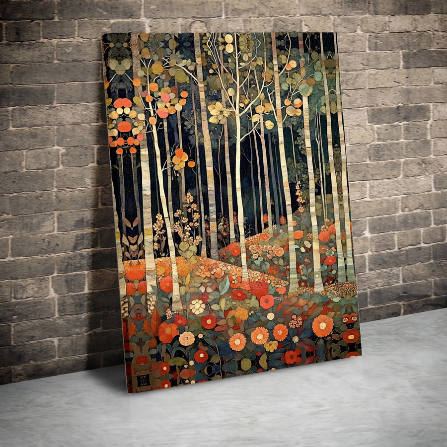 Art Nouveau Forest Canvas Wall Art | Vintage Folk Art Woodland Scene | Premium Gallery Wrapped Canvas Print | Botanical Home Decor Gift for Nature Lovers