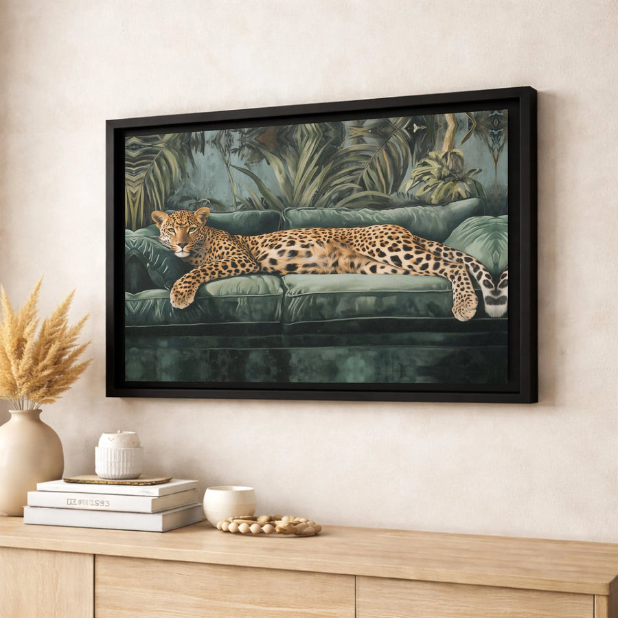Leopard On Green Velvet Sofa Canvas Art | Tropical Jungle Animal Wall Decor | Premium Gallery Wrap Print | Luxurious Living Room Home Gift