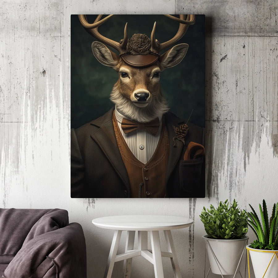 Dapper Deer Canvas Wall Art | Vintage Gentleman Animal Portrait | Premium Gallery Wrap Print | Office & Living Room Decor Gift