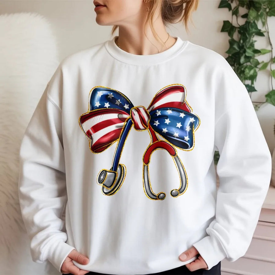 Patriotic Nurse Sweatshirt | Coquette Stethoscope American Flag Bow | Premium Cotton Blend | 4th of July Gift for RN