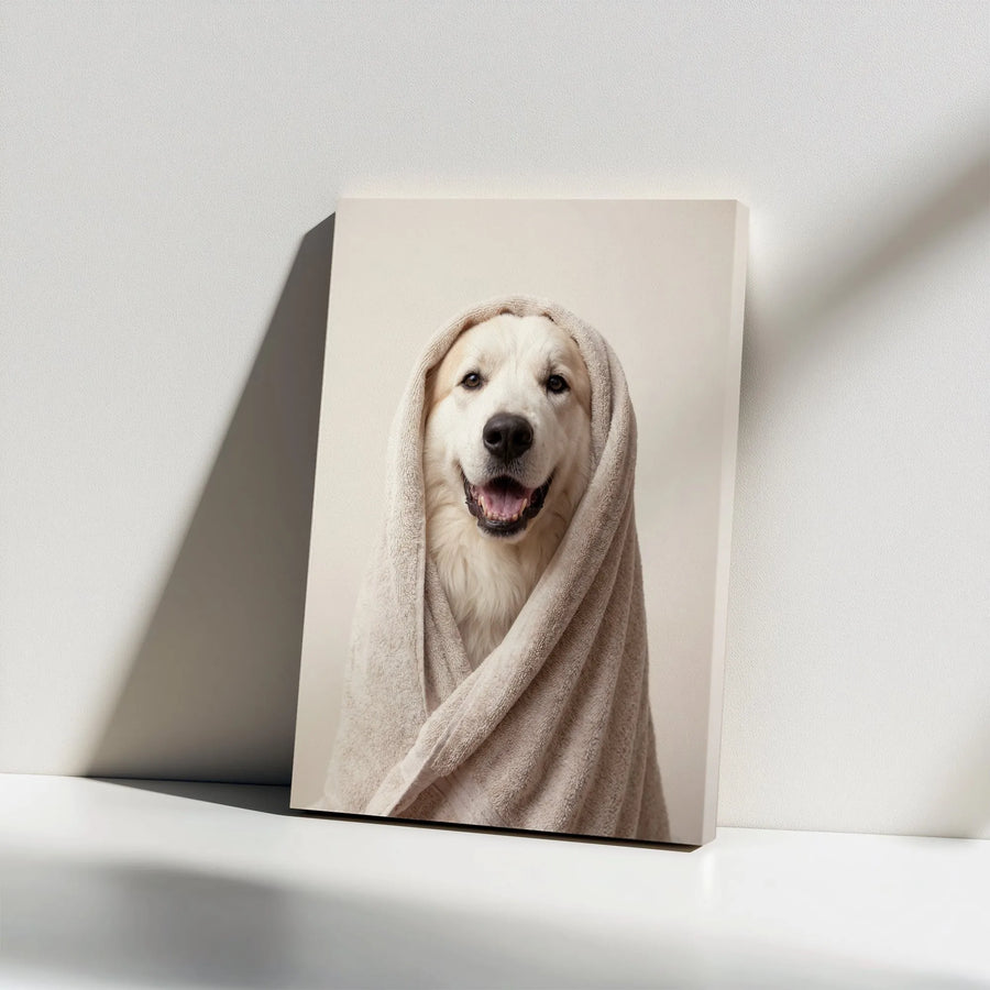 Smiling Dog Wrapped In Towel Canvas Wall Art | Cute Golden Retriever Portrait | Premium Gallery Wrap Print | Funny Pet Lover Gift Home Decor