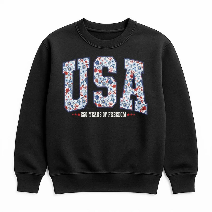 Patriotic USA Sweatshirt | 250 Years of Freedom Floral Design | Cozy Crewneck Pullover | Fourth of July Gift for Women