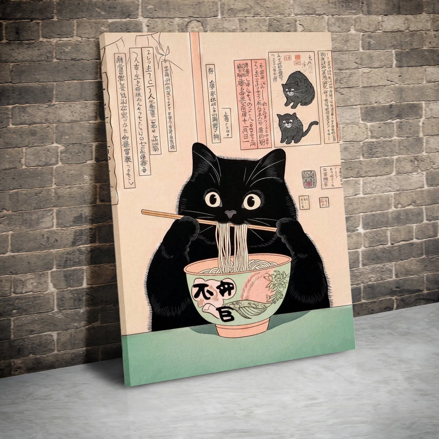 Japanese Ukiyo-e Cat Ramen Wall Art | Cute Black Cat Eating Noodles Print | Premium Gallery Wrapped Canvas | Quirky Home Decor Gift