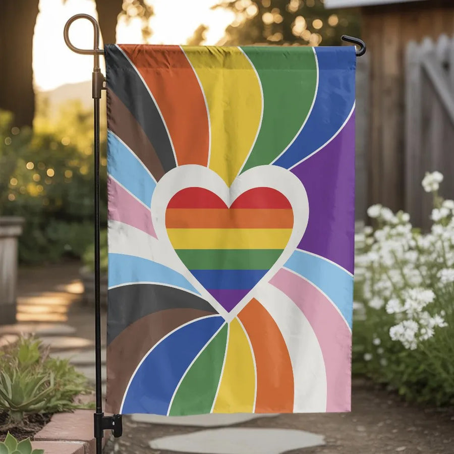 Progress Pride Garden Flag | Rainbow Heart Burst LGBTQ+ Design | Double-Sided Premium Polyester | Outdoor Pride Month Celebration Yard Decor Gift