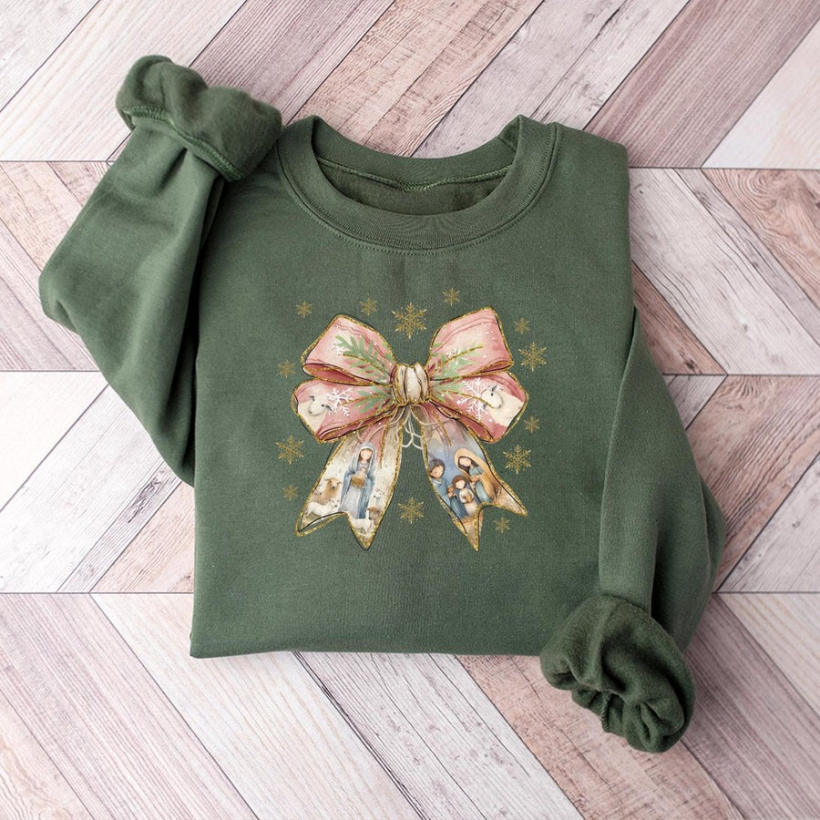 Nativity Scene Sweatshirt | Coquette Bow Aesthetic Christmas Design | Premium Cotton Blend Crewneck | Religious Holiday Gift For Women
