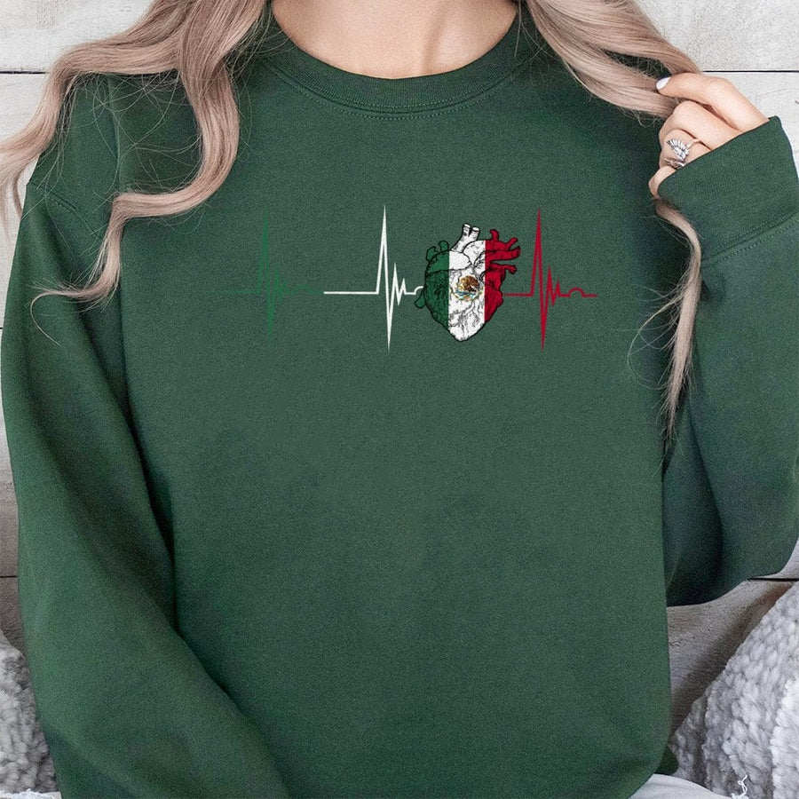 Mexico Flag Heartbeat Sweatshirt | Mexican Pride EKG Pulse Graphic | Premium Cotton Blend | Gift for Mexican Heritage Lovers