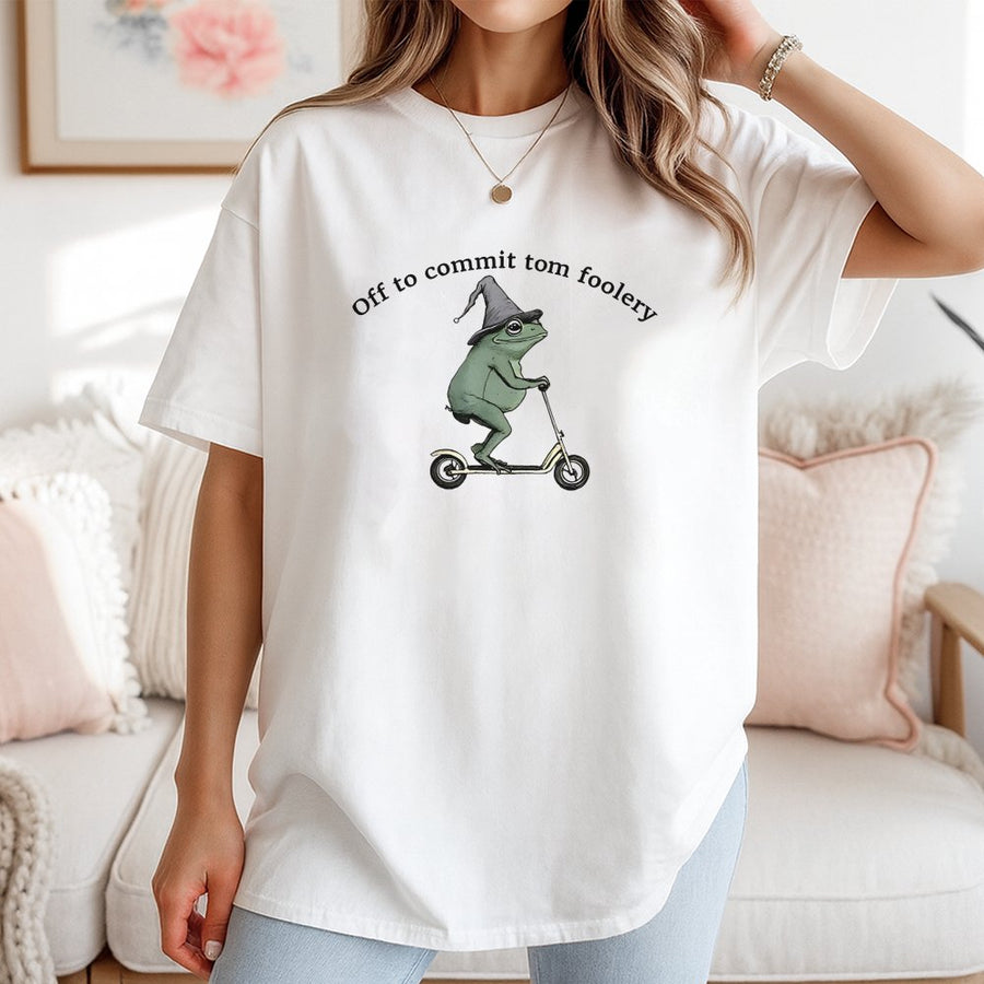 Off To Commit Tom Foolery Frog T-Shirt | Funny Witch Frog Riding Scooter Graphic | 100% Cotton Premium Tee | Quirky Meme Gift For Frog Lovers