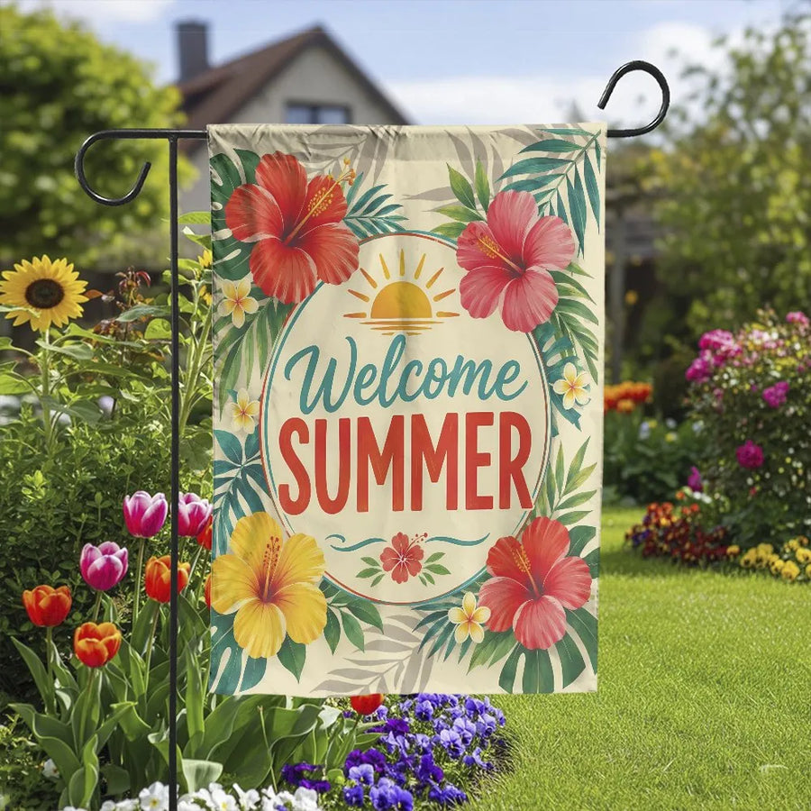 Welcome Summer Garden Flag | Tropical Hibiscus Floral & Palm Leaves Retro Design | Double Sided Premium Weatherproof Polyester | Vibrant Seasonal Yard Art Outdoor Decor Gift