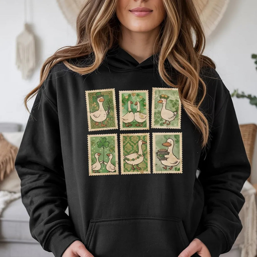 St Patrick’s Day Goose Hoodie | Retro Irish Stamp Graphic | Cotton Blend Premium Sweatshirt | Lucky Shamrock Gift For Her Him