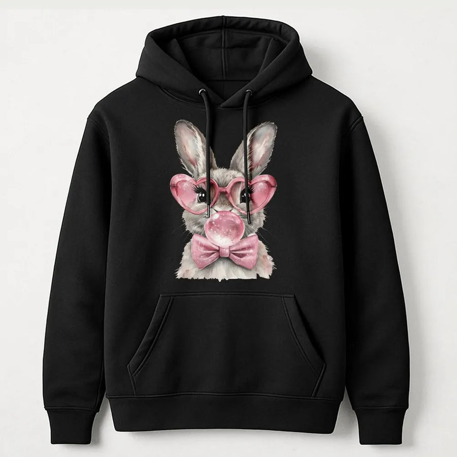 Easter Bunny Hoodie | Cute Rabbit with Heart Glasses and Bow Graphic | Premium Cotton Blend | Funny Spring Holiday Gift for Women and Girls