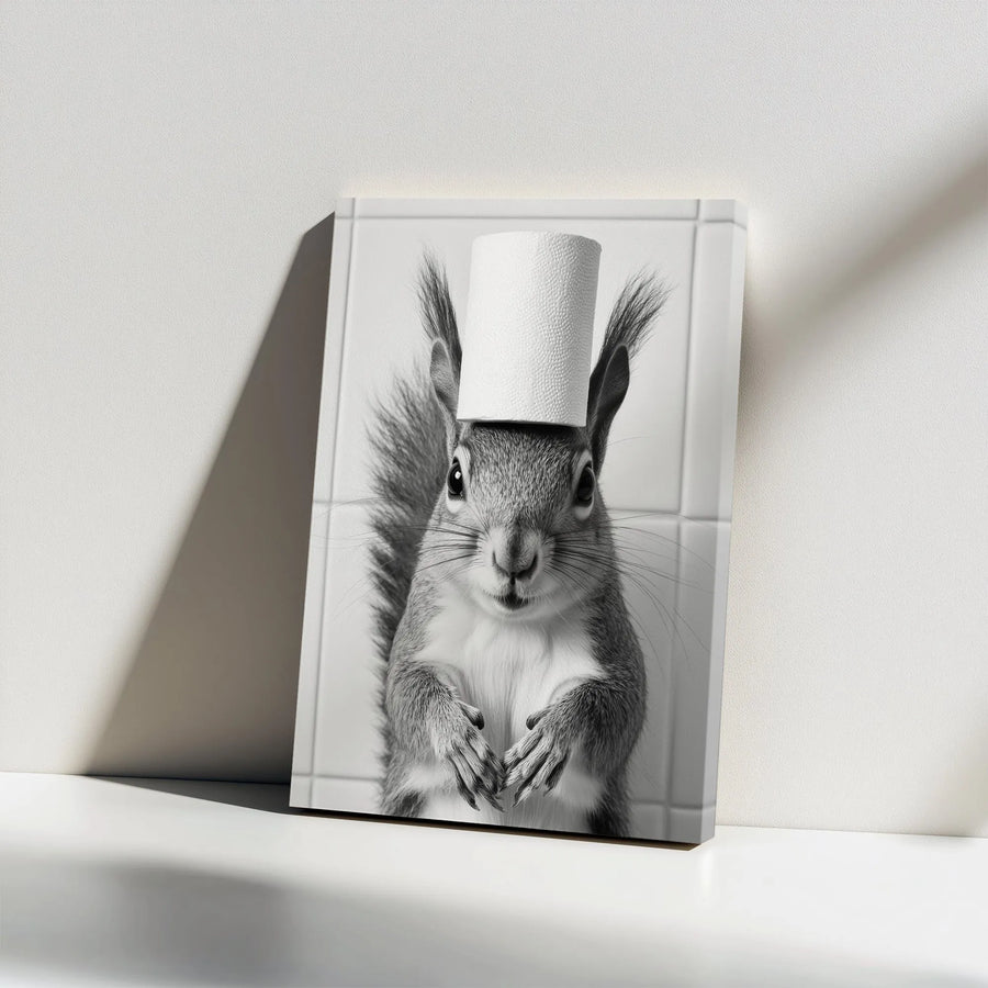 Funny Squirrel Toilet Paper Vertical Canvas | Black and White Animal Photography | Premium Gallery Wrapped Wall Art | Unique Bathroom Decor Gift