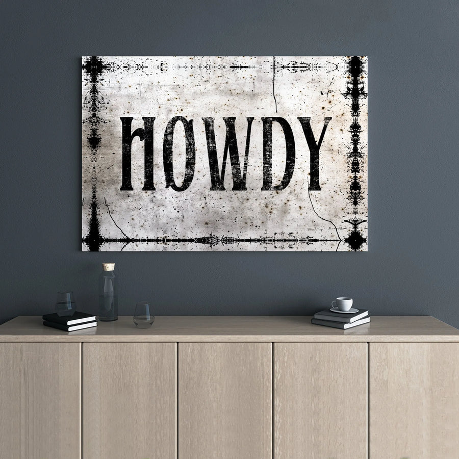 Howdy Wall Art Canvas | Rustic Distressed Farmhouse Typography | Premium Gallery Wrap Wooden Frame | Western Home Decor Gift